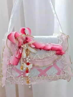 Pastoral Style Lolita Bag Pink Polyester Ruffles Chains Ombre Handbag Lolita Accessories