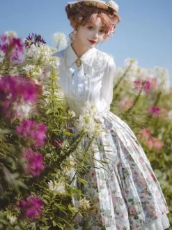Pastoral Style Lolita Skirt Floral Print White Ruffles Lolita Skirts