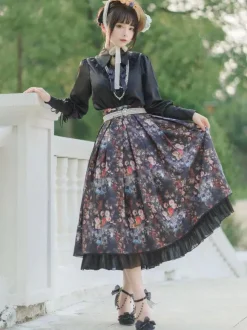 Pastoral Style Lolita Skirt Floral Print White Ruffles Lolita Skirts