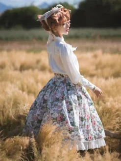 Pastoral Style Lolita Skirt Floral Print White Ruffles Lolita Skirts