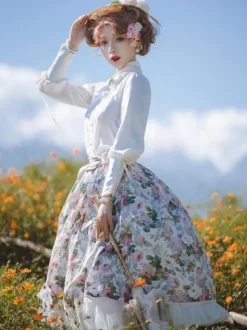 Pastoral Style Lolita Skirt Floral Print White Ruffles Lolita Skirts