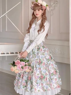 Pastoral Style Lolita Skirt Floral Print White Ruffles Lolita Skirts