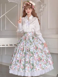 Pastoral Style Lolita Skirt Floral Print White Ruffles Lolita Skirts