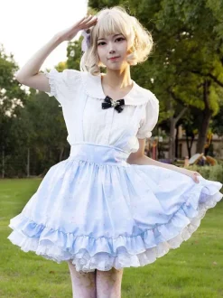 Pastoral Style Lolita SK Ruffles Light Sky Blue Floral Print Lolita Skirts