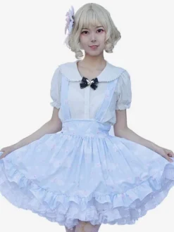 Pastoral Style Lolita SK Ruffles Light Sky Blue Floral Print Lolita Skirts
