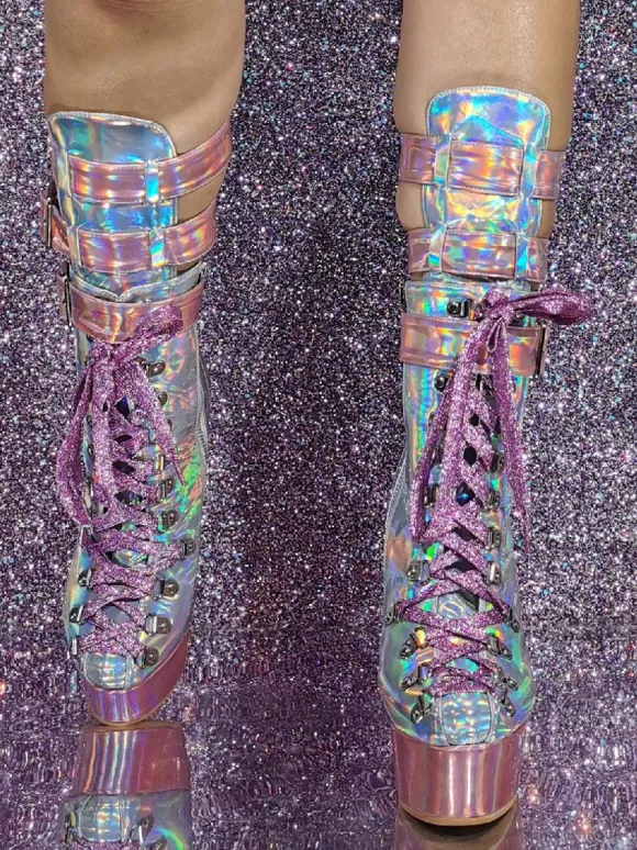 Patent PU Upper Round Toe Wedge Heel Mid Calf Boots For Women