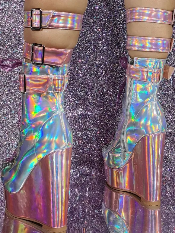 Patent PU Upper Round Toe Wedge Heel Mid Calf Boots For Women