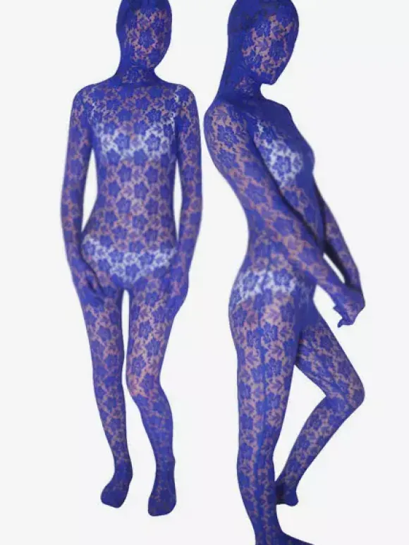 Patterned Zentai Suits Unisex Bluish Violet Transparent Lace Lycra Spandex Zentai Suit