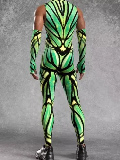 Patterned Zentai Suits Mens Sexy Green Print Jumpsuit Bodysuits Dancer Singer Stage Wear Costume