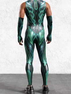 Patterned Zentai Suits Mens Sexy Green Print Jumpsuit Bodysuits Dancer Singer Stage Wear Costume