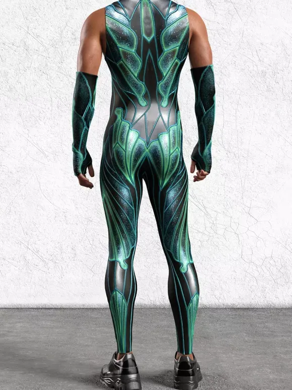 Patterned Zentai Suits Mens Sexy Green Print Jumpsuit Bodysuits Dancer Singer Stage Wear Costume