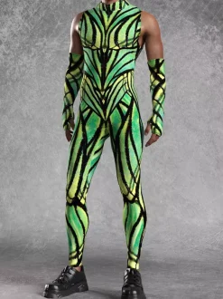 Patterned Zentai Suits Mens Sexy Green Print Jumpsuit Bodysuits Dancer Singer Stage Wear Costume