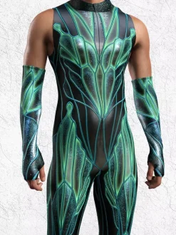 Patterned Zentai Suits Mens Sexy Green Print Jumpsuit Bodysuits Dancer Singer Stage Wear Costume