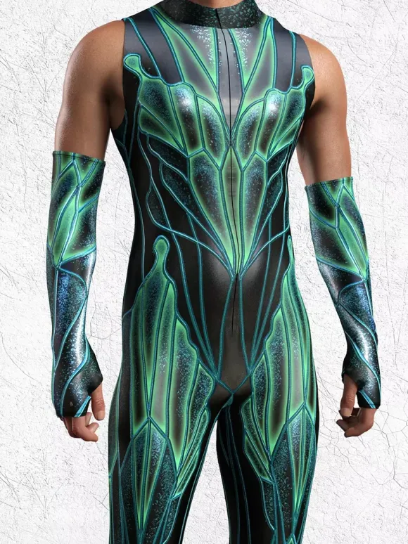 Patterned Zentai Suits Mens Sexy Green Print Jumpsuit Bodysuits Dancer Singer Stage Wear Costume