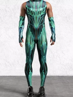 Patterned Zentai Suits Mens Sexy Green Print Jumpsuit Bodysuits Dancer Singer Stage Wear Costume