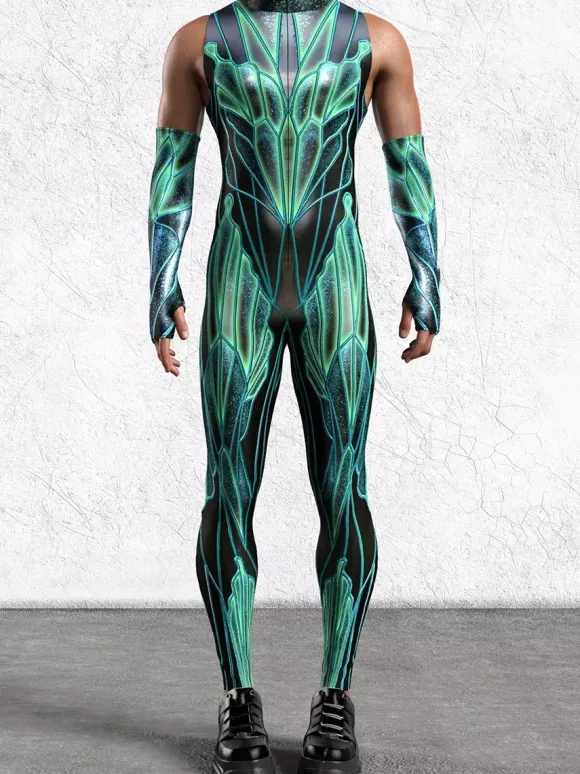 Patterned Zentai Suits Mens Sexy Green Print Jumpsuit Bodysuits Dancer Singer Stage Wear Costume