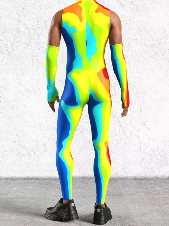 Patterned Zentai Suits Mens Sexy Green Print Jumpsuit Bodysuits Dancer Singer Stage Wear Costume