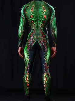 Patterned Zentai Suits Mens Sexy Green Snake Print Jumpsuit Bodysuits Dancer Singer Stage Wear Costume