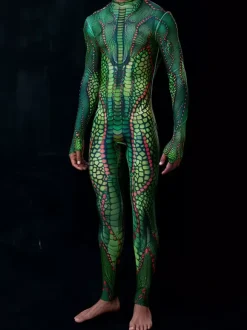 Patterned Zentai Suits Mens Sexy Green Snake Print Jumpsuit Bodysuits Dancer Singer Stage Wear Costume