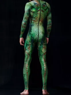 Patterned Zentai Suits Mens Sexy Green Snake Print Jumpsuit Bodysuits Dancer Singer Stage Wear Costume
