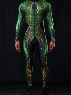 Patterned Zentai Suits Mens Sexy Green Snake Print Jumpsuit Bodysuits Dancer Singer Stage Wear Costume