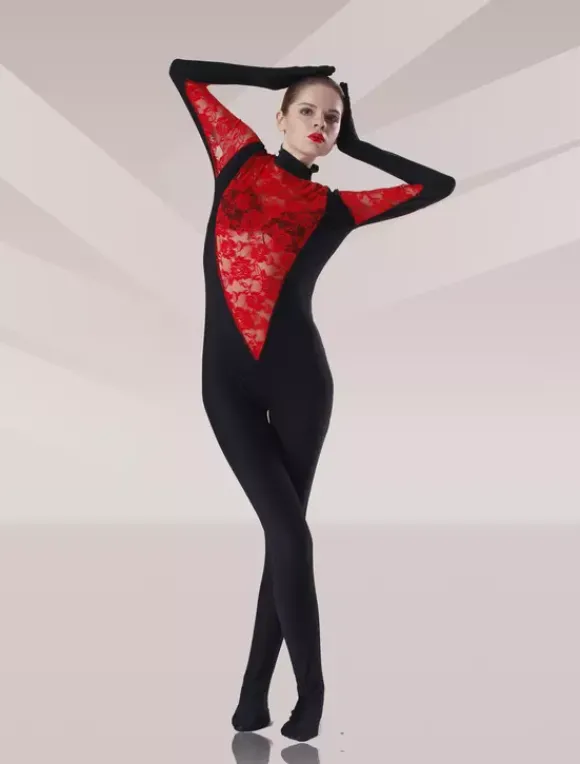 Patterned Zentai Suits Black And Red Tulle Flower Design Lycra Spandex Catsuit