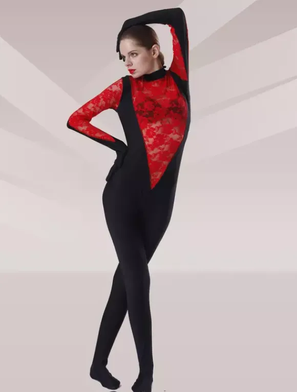 Patterned Zentai Suits Black And Red Tulle Flower Design Lycra Spandex Catsuit