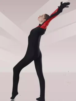 Patterned Zentai Suits Black And Red Tulle Flower Design Lycra Spandex Catsuit