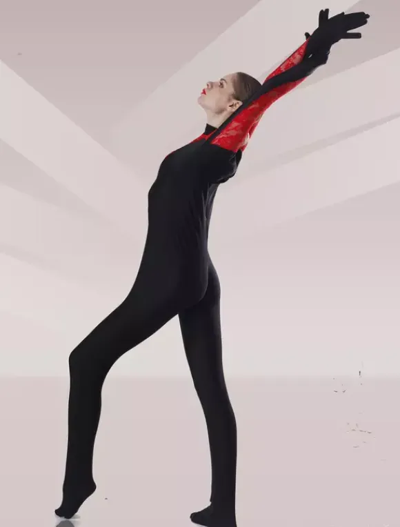 Patterned Zentai Suits Black And Red Tulle Flower Design Lycra Spandex Catsuit