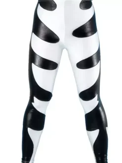Patterned Zentai Suits Black And White Two-Tone Shiny Metallic Skinny Pants