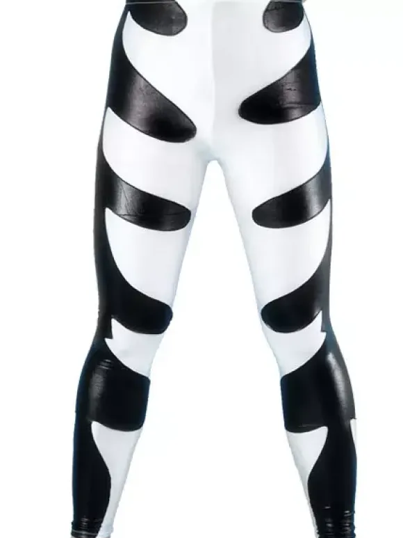 Patterned Zentai Suits Black And White Two-Tone Shiny Metallic Skinny Pants