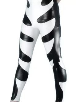 Patterned Zentai Suits Black And White Two-Tone Shiny Metallic Skinny Pants
