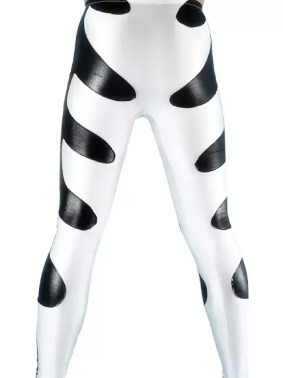 Patterned Zentai Suits Black And White Two-Tone Shiny Metallic Skinny Pants
