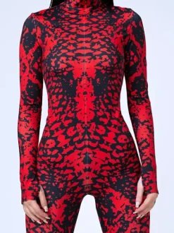 Patterned Zentai Suits Red Black Marble Texture Women's Bodysuit 3D Printed Vein Pattern Tight Jumpsuit