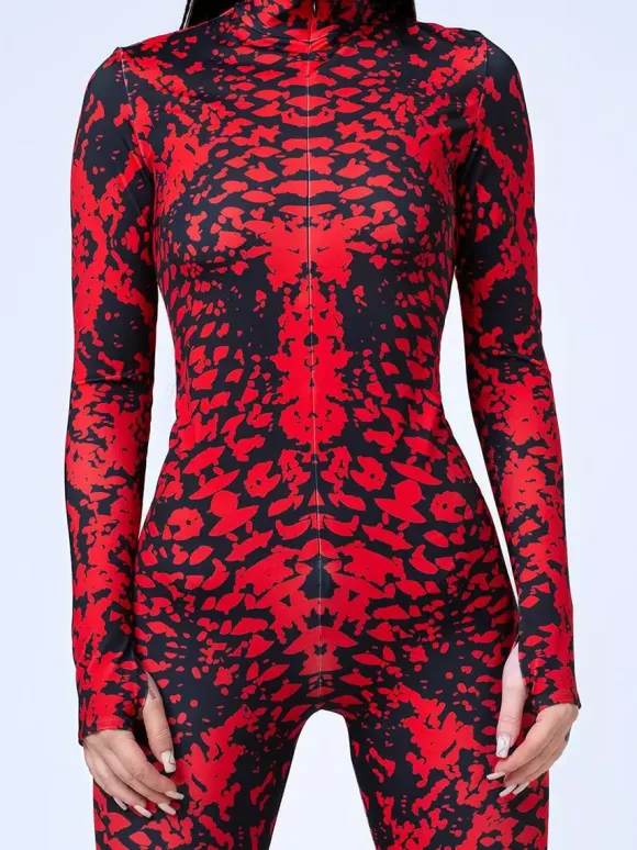 Patterned Zentai Suits Red Black Marble Texture Women's Bodysuit 3D Printed Vein Pattern Tight Jumpsuit