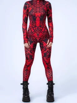 Patterned Zentai Suits Red Black Marble Texture Women's Bodysuit 3D Printed Vein Pattern Tight Jumpsuit