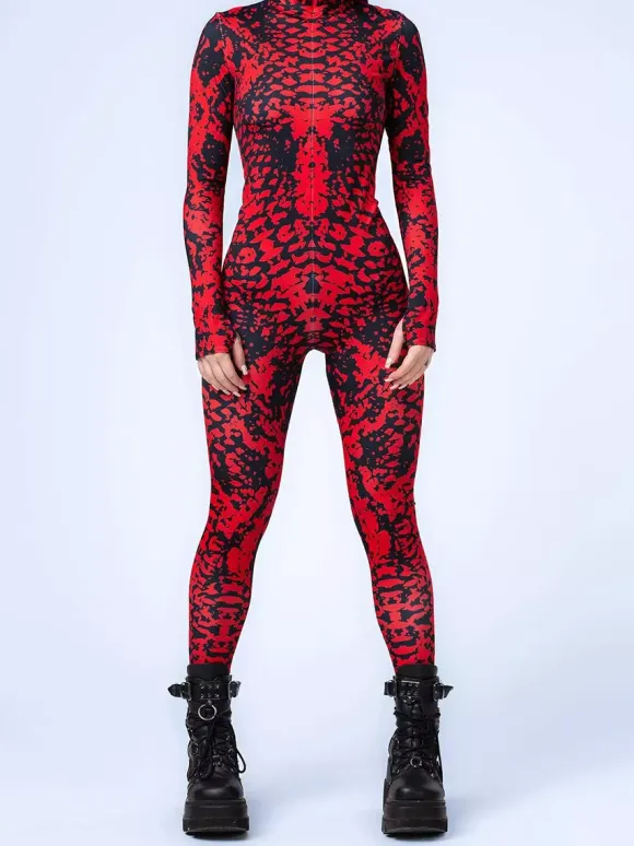 Patterned Zentai Suits Red Black Marble Texture Women's Bodysuit 3D Printed Vein Pattern Tight Jumpsuit