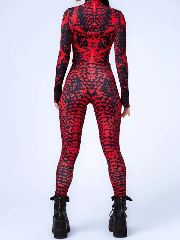Patterned Zentai Suits Red Black Marble Texture Women's Bodysuit 3D Printed Vein Pattern Tight Jumpsuit