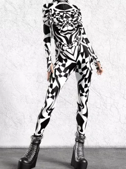 Patterned Zentai Suits Black White Zebra Print Women's Bodysuit 3D Printed Animal Pattern Tight Jumpsuit