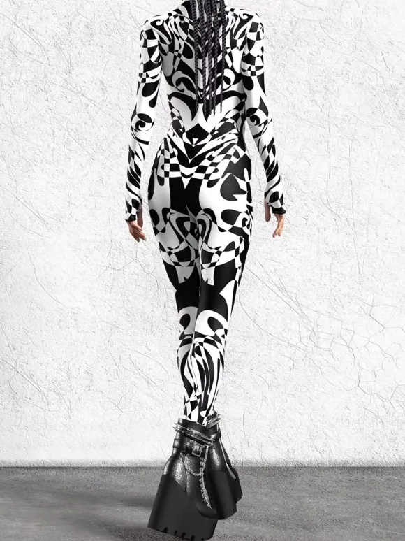 Patterned Zentai Suits Black White Zebra Print Women's Bodysuit 3D Printed Animal Pattern Tight Jumpsuit