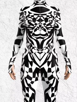 Patterned Zentai Suits Black White Zebra Print Women's Bodysuit 3D Printed Animal Pattern Tight Jumpsuit