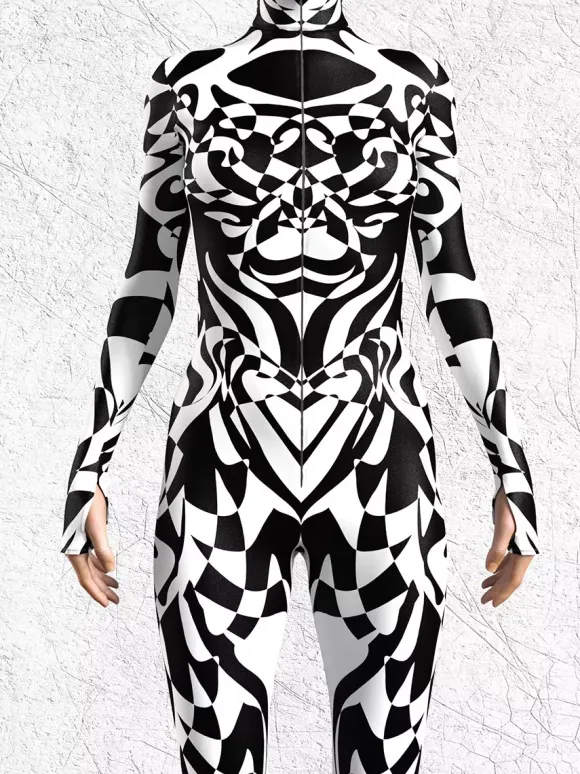 Patterned Zentai Suits Black White Zebra Print Women's Bodysuit 3D Printed Animal Pattern Tight Jumpsuit