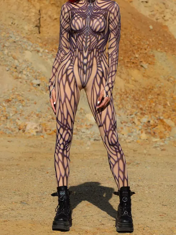 Patterned Zentai Suits Line Art Texture Women's Bodysuit 3D Printed Abstract Pattern Sexy Tight Jumpsuit