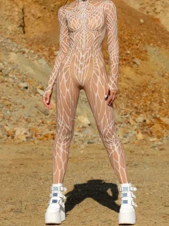 Patterned Zentai Suits Line Art Texture Women's Bodysuit 3D Printed Abstract Pattern Sexy Tight Jumpsuit