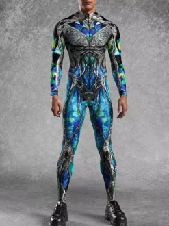 Patterned Zentai Suits Men 3D Print Cyber Jumpsuit Punk Morphsuit Robot Cosplay Zentai Suit Holiday Party Bodysuit Rave Cycling Catsuits