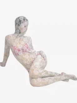 Patterned Zentai Suits Morph Suit White Transparent Lace Velvet Jacquard Zentai Suit
