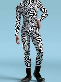 Patterned Zentai Suits Zebra Camouflage Print Bodysuit 3D Optical Illusion Tight Jumpsuit