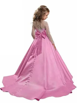 Peach Pink Flower Girl Dresses Jewel Neck Satin Fabric Long Sleeves With Train A-Line Bows Kids Birthday Party Dresses