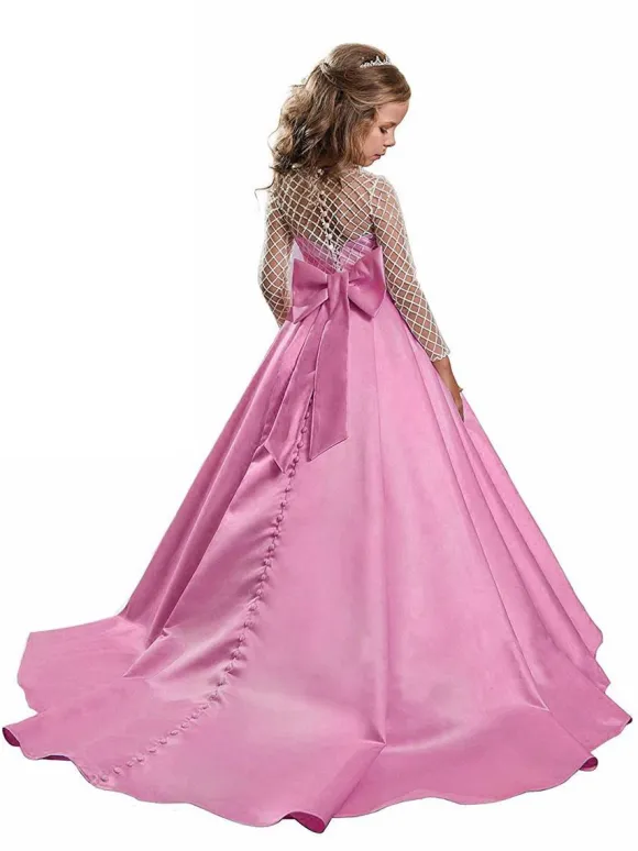 Peach Pink Flower Girl Dresses Jewel Neck Satin Fabric Long Sleeves With Train A-Line Bows Kids Birthday Party Dresses