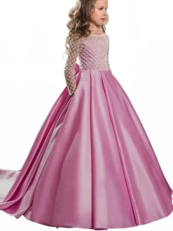 Peach Pink Flower Girl Dresses Jewel Neck Satin Fabric Long Sleeves With Train A-Line Bows Kids Birthday Party Dresses